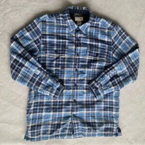 L.L. Bean Men's M Blue Plaid Flannel Button-Up Shacket Long Sleeve Fleeced Lined